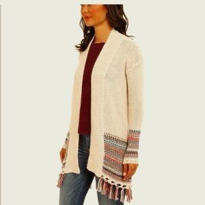 Roxy Boho Cardigan. Open face, long with tassel detailing . Jr Sizing